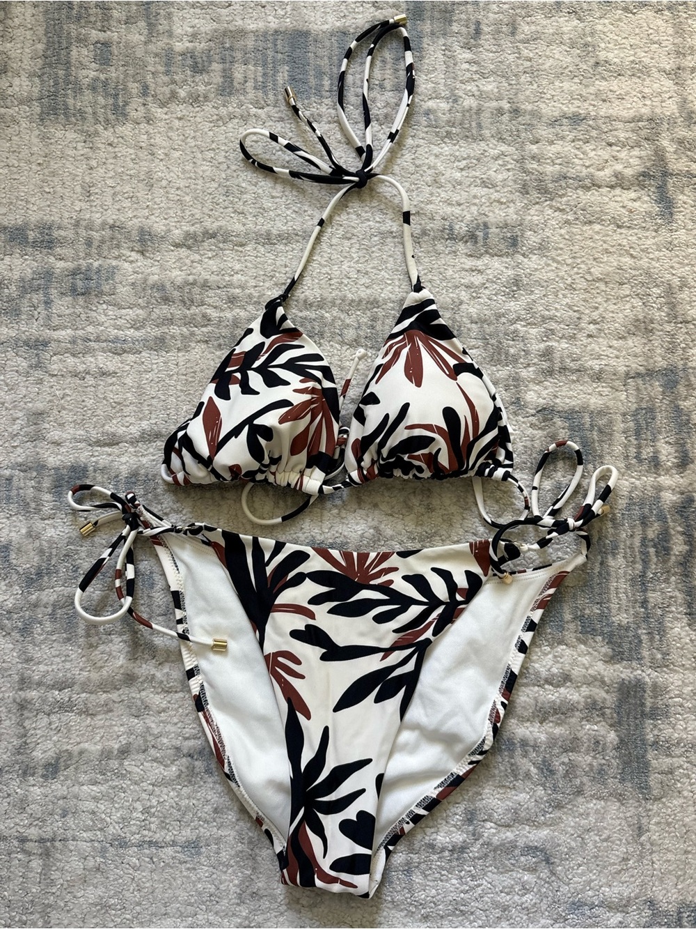 Target White Tropical Print Tie-Side Bikini with Black and Brown Leaves